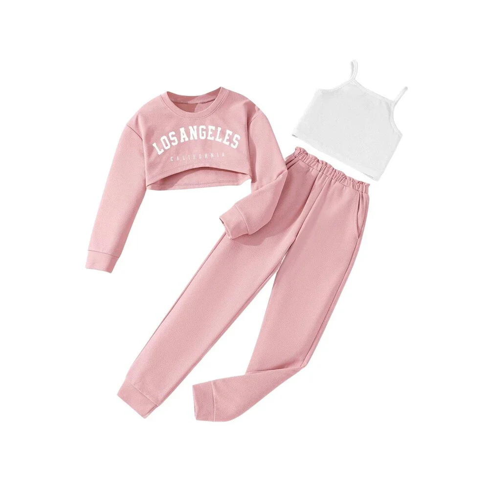 Hilinker Girls 3 Piece Outfits Cute Long Sleeve Crop Top Cami 9-10 Year 9-10yrs
